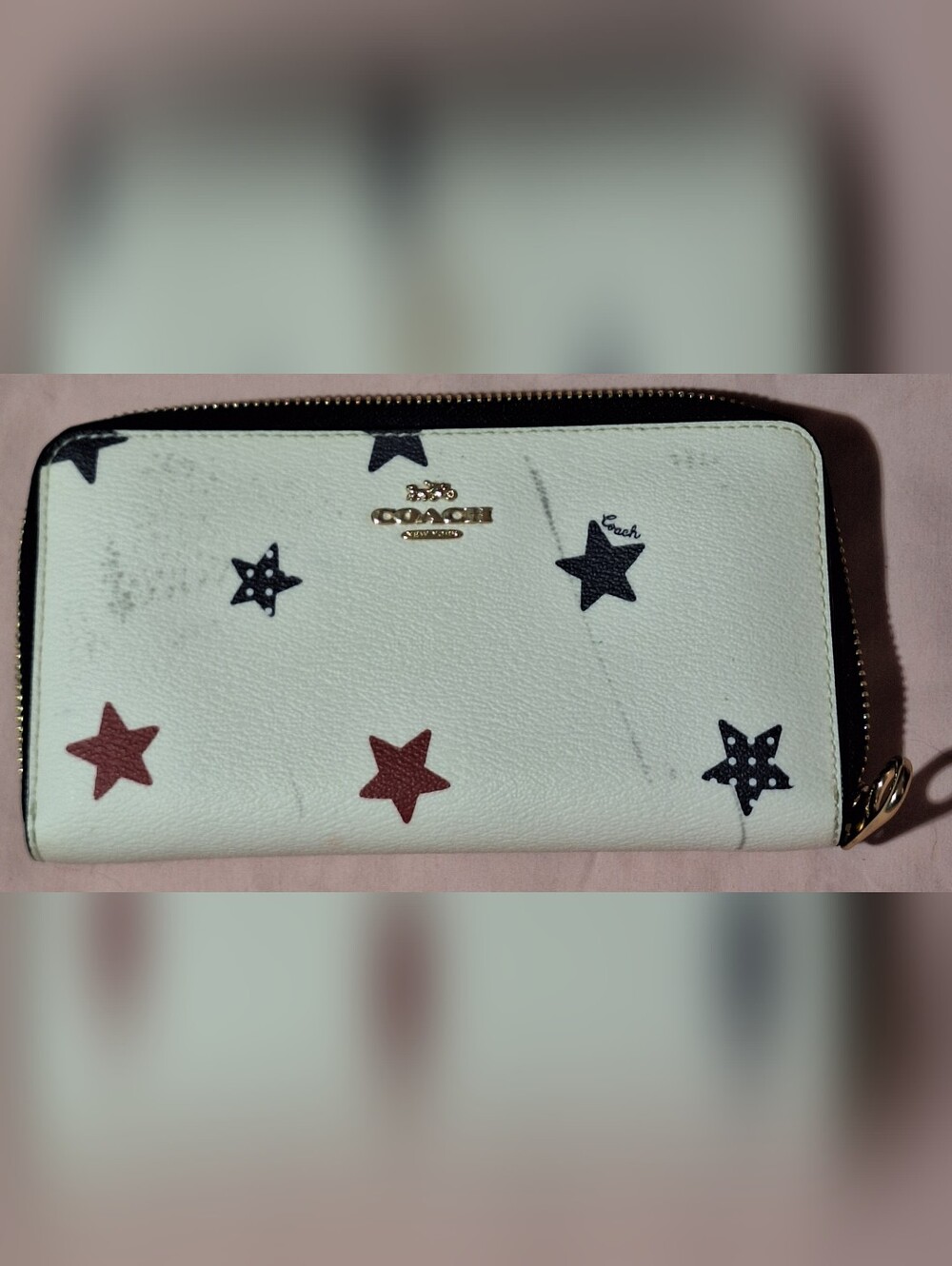 COACH White Star Print Zip Wallet with Navy Blue & Red Stars